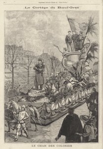 Float of the Colonies i Boeuf Gras karnevalsprosesjon, Paris, Frankrike (gravering) av French School