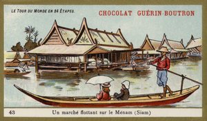 Flytende marked ved elven Menam, Siam (chromolitho) av French School