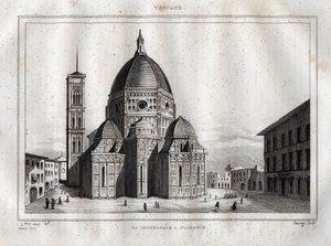Firenze katedral - Utsikt over katedralen i Firenze (Duomo Santa Maria del Fiore). Kuppelen ble laget av Filippo Brunelleschi rundt 1420-1436, Firenze, Italia - Gravering fra "" Italy Picturesque"" - Historical and Descriptive Table of Italy" av M. de av French School