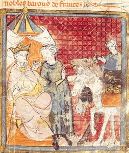 Fol.133r Roland tar farvel med Charlemagne (742-814), Grandes Chroniques de France, 1375-79 av French School