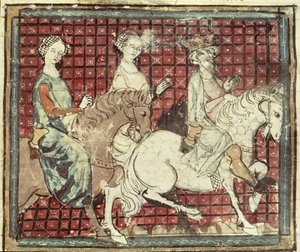 Fol.31r Chilperic I (543-97) og Fredegonde til hest, fra Grandes Chroniques de France, 1375-79 av French School