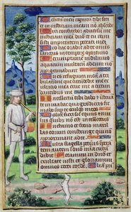 Fol.50v Side med tekst med en kantdetalj av en musiker som får hunden sin til å danse, fra 