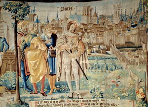 Fondation de la ville de Paris. Kong Francois I (1494-1547) bestemte seg for å etablere sin permanente hovedstad i Paris da han kom tilbake fra fangenskap i 1527. Tapetet av "The fabulous history of the Gaules"" laget av verkstedet til Arras. 1530 Beauvais av French School
