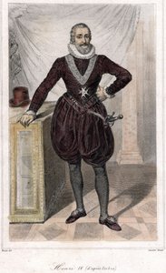 Fotportrett av Henri IV (1553 - 1610) med et sverd. av French School