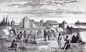 Fort Youkon, en handelsstasjon for Hudson Bay Company, 1800-tallet av French School