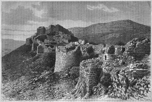 Festningen Baniyas, fra Syria i dag. Reiser i Fønikia, Libanon og Judea. 1875-1880 av Louis Charles Emile Lortet, 1884 (bw gravering) av French School