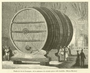 Foudre av Champagne-vin, med kapasitet på syttifem tusen flasker, Maison Mercier (gravering) av French School