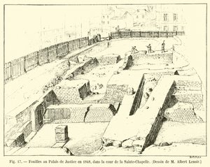 Utgravninger ved Palais de Justice i 1848, i gårdsplassen til Sainte-Chapelle, tegning av M Albert Lenoir av French School