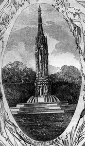 Paris-fontenen: utsikt over jomfrufontenen (Notre Dame-fontenen) (cirka 1845). Gravering i "" Le Monde Illustré"" nr. 254 av 22. februar av French School