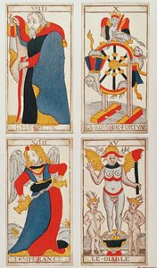 Fire tarotkort som viser Eremitten, Lykkehjulet, Temperance og Djevelen (farget tregravering) av French School