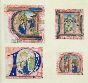 Fire historiske initialer som viser tilbedelsen av magiene, krybben, David og Batseba og Kristus i hagen av French School