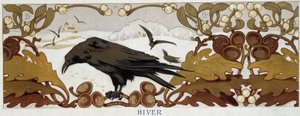 Fire årstider, vinter: ravn på en eik - kromolitografi, sent på 1800-tallet av French School
