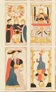 Fire tarotkort som viser The Lovers, The Chariot, Strength and The Hanged Man (farget tregravering) av French School