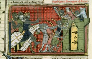 Fr 22495 f.36r Angrep på en by, fra Le Roman de Godefroi de Bouillon av French School