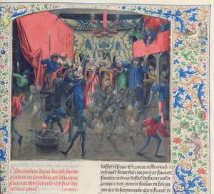Fr 2646 f.176 Bal des Ardents, Charles ble reddet av hertuginnen av Berry etter at Louis av Orleans satte fyr på dansernes kostymer, 1392, fra Froissarts Chronicle av French School