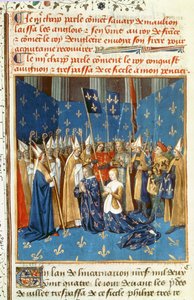 Fr 6465 f.247v Kroningen av Ludvig VIII (1187-1226) og Blanche de Castile i Reims i nærvær av kongen av Jerusalem av French School