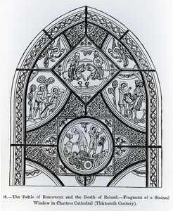 Fragment av et glassmaleri i Chartres katedral, som viser slaget ved Ronceveaux og Rolands død, illustrasjon fra vitenskap og litteratur i middelalderen og renessansen, skrevet