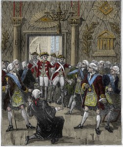 Franc-Maconnerie (Franc Maconnerie) på Hotel de Soisson i Paris i juni 1745: Franco-macon-seremoni avbrutt av ankomsten av en politikommissær. Gravering i "" Paris gjennom århundrene "", Gourdon de Kenouillac 1880.. av French School