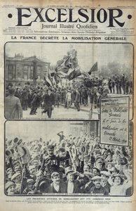 Frankrike erklærer generell mobilisering 2. august 1914, omslagsillustrasjon av Excelsior søndag 2. august 1914 av French School