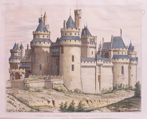 Frankrike, Pierrefonds middelalderslott, restaurert av Violet le Duc fra Moniteur des Architectes, gravering av French School