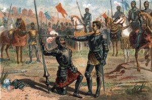 Francis I of France requesting to be knighted by the Chevalier Bayard after victory at the Battle of Marignano, Italy av French School