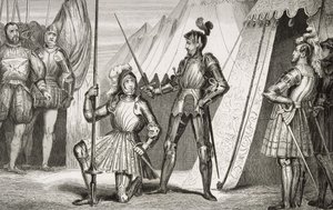 Francois I (1494-1547) riddet av kaptein Bayard etter slaget ved Marignano, fra 