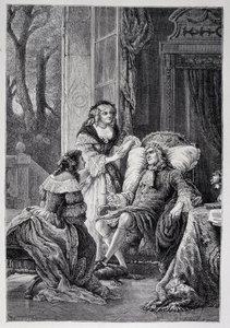Francois de la Rochefoucauld (1613-1680) snakker med Mademoiselle de Sevigne (Marie de Rabutin-Chantal), Marquise de Sevigne dit Madame de Sevigne (1626-1696) og Marie-Madeleine (Marie Madeleine) Pioche de La Vergne, grevinne av La Vergne (Madam av F av French School