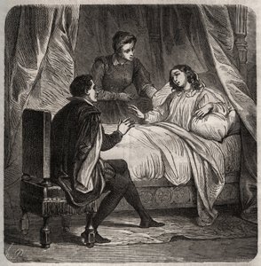 Francoise de Foix, Countess of Chateaubriant (ca. 1495-1537), ill, receives Clement des Marets dit Marot (1496-1544), the valet of Francois 1st, in bed. Engraving from 1871 in “Histoire Des Cocus Celebres”” by Henry de Kock (1819-1892). av French School