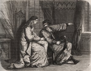 Fredegonde (545-597) confides his concerns to harp player Barbantini because his lover Chilperic (then the King of the Francs Chilperic I (543-597), did not marry him. 565. Engraving from 1871 in “Histoire Des Cocuses Celebres”” by Henry de Kock (1819-1892 av French School