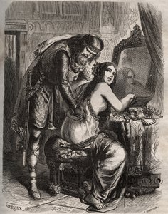Fredegonde (545-597) tar mannen sin, kongen av francene Chilperic I (543-597), for sin elsker, Landeric. Kongen oppdager at kona hans er utro mot ham. Gravering fra 1871 i «Histoire Des Cocuses Celebres»» av Henry de Kock (1819-1892). av French School