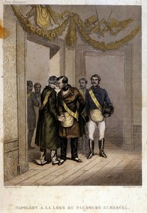 Freemaking: Napoleon Joseph Charles Paul Bonaparte, med kallenavnet Prince Jerome eller Plonplon blir identifisert ved inngangen til Faubourg Saint Marcel-tempelet. Gravering fra "" pittoresk historie om frimureriet og gamle hemmelige samfunn av French School
