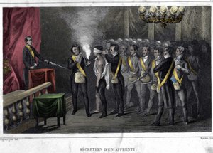 Freemaking: igangsetting og mottak av en lærling. Gravering fra "Picturesque History of Freemasonry and Ancient and Modern Secret Societies" av F.-T. B. Clavel. Pagnere, redaktør. 1843. av French School