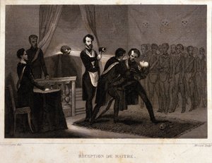 Frimureri: Mottakelse og innvielsesrite for Mesteren. Gravering fra «Picturesque History of Freemasonry and Secret Societies, Ancient and Modern» av F.-TB Clavel. Pagnerre, redaktør. 1843. av French School