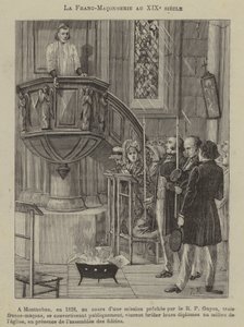 Frimureriet på 1800-tallet: tre frimurere som konverterer og brenner diplomene sine i en kirke i Montauban av French School