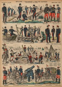 Fransk hærs artilleri bygger pongtongbroer (farget gravering) av French School