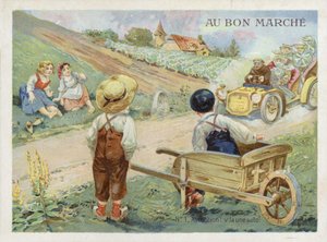 Franske barn ser på en bil som kjører fort av French School
