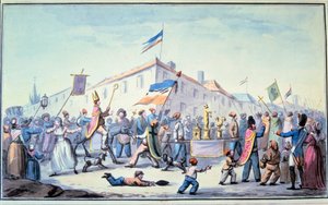 Fransk revolusjon: "" Dannet maskerade av folket kler seg i presteklær"". Anonym akvarell. 1793. Paris, L'Arsenals bibliotek av French School