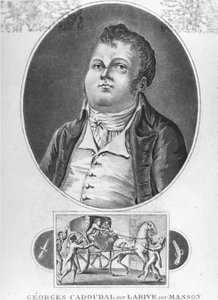 Fransk revolusjon: Georges Cadoudal (dit Larive, dit Masson), en fransk konspirator som var en av lederne for Chouanene og som organiserte to komplotter mot Bonaparte, den ble henrettet 25. juni 1804 - gravering, koll. museum Dobrée, Nantes. ¿ av French School