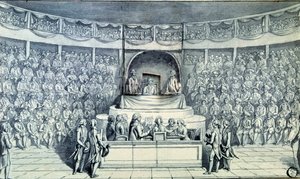 Den franske revolusjonen: Kong Ludvig XVI (1754-1793) ved roret blir avhørt av Antoine Barnave (1761-1793) under rettssaken hans før den nasjonale konvensjonen som vil avgjøre dødsdommen hans 21.01.1793. Anonym tegning rundt 1793. Paris, Louvre Museu av French School