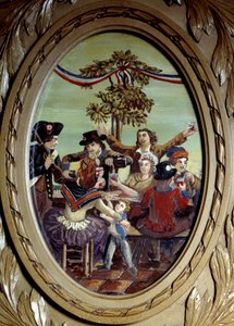 Fransk revolusjon: "" Det republikanske måltidet på Cafe Le Procope i Paris"" Anonymt maleri. Paris fra 1700-tallet, Le Procope av French School