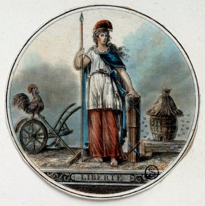 Fransk revolusjon: allegori om Liberte som en kvinne nær en bikube og en hane. Sent på 1700-tallet Paris, B.N. av French School