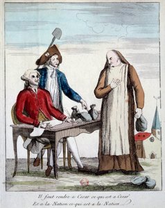 Fransk revolusjon: karikaturisk representasjon av et medlem av presteskapet tvunget til å returnere kirkens eiendom. "Vi må gi tilbake til cesar det som er til Cesar og til nasjonen det som er for nasjonen" Gravering av Paris 1790, Bibliotheque de l