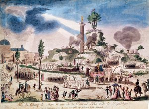 Den franske revolusjonen: Det øverste vesens fest på Champs de Mars 8.06.1794 (20 Prairial An II). Anonym gravering fra 1700-tallet. av French School