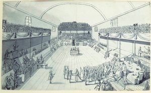 Den franske revolusjonen: Grunnlovens fødsel i september 1791 fordøyd på nytt av Guy Jean-Baptiste Target (1733-1807) i rommet til Jeu de Paume i Versailles der deputatene hadde avlagt ed 20.06.1789. Anonym tegning omkring 1791. Paris, Lou av French School