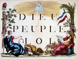 Fransk revolusjon: den guddommelige trekanten som opplyser Gud, folket og loven, allegoriene til Frankrike, rettferdighet, overflod og republikken. Gravering fra 1794. Paris, Arsenals bibliotek av French School