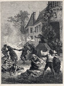 French Revolution: the peasants burned their feodal titles and danced around the fire to celebrate the abolition of privileges in August 1789. Engraving from 1889. Private collection. av French School