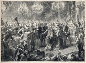 Den franske revolusjonen: royalistene sverger lojalitet til monarkiet i nærvær av kong Louis XVI (1754-1793) av dronning Marie Antoinette (1755-1793) og delfinen ved banketten til livvaktene organisert 1. oktober 1789 i Orangerie de Versailles - av French School