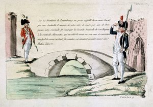 Franske og luxembourgske tollere hilser på hverandre i vennskap (spørsmål om grenser under revolusjonen), sent på 1700-tallet av French School