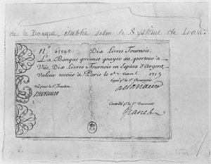 Fransk seddel for ti pund fra Law Bank, datert 1. april 1719 av French School