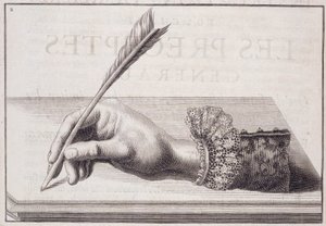 Fransk kalligrafi: "" L'escriture financiere representee dans sa naifvete"", gravering som illustrerer pennens holding av Louis Senault rundt 1652. av French School